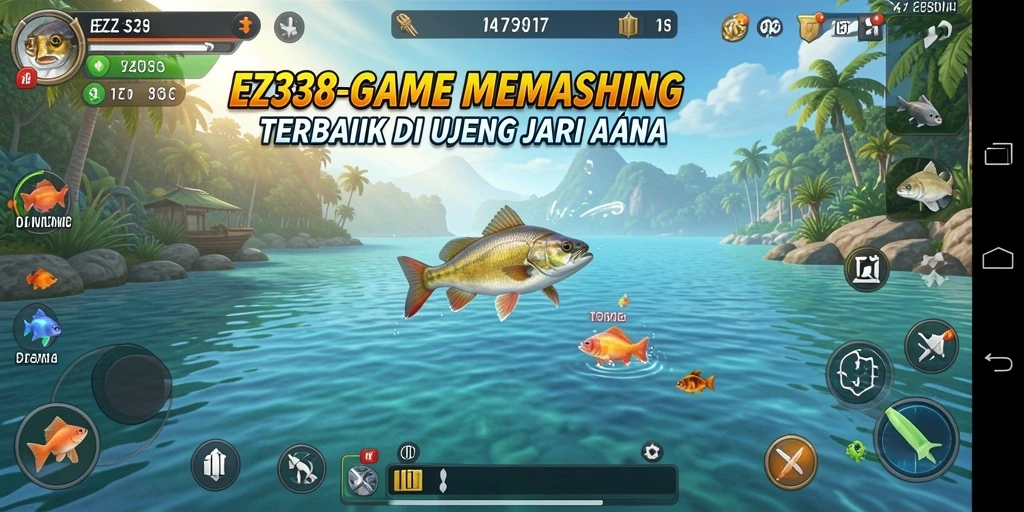 Screenshot utama EZ338 menampilkan aksi memancing yang seru.