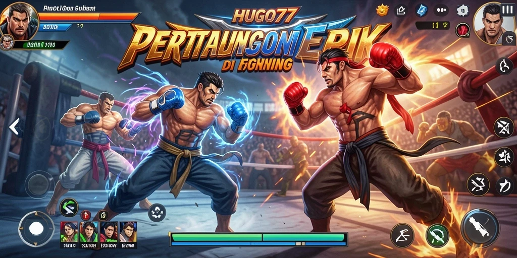Tampilan pertarungan epik dalam HUGO77 dengan karakter menakjubkan.