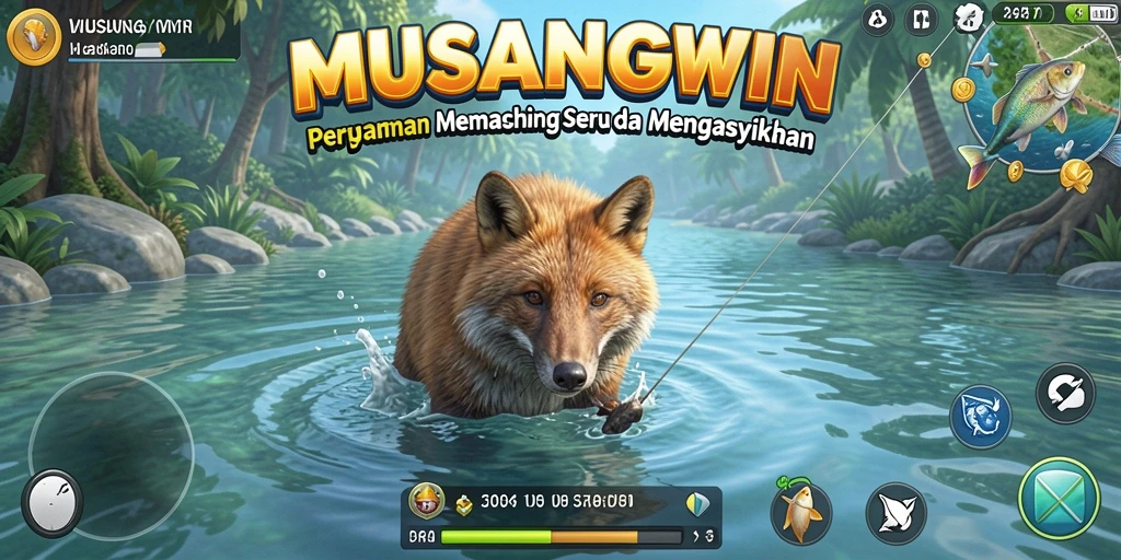 Tampilan gameplay MUSANGWIN dengan pemandangan memancing yang indah.