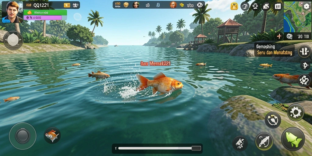 Tampilan gameplay QQ1221 yang menampilkan adegan memancing yang seru.