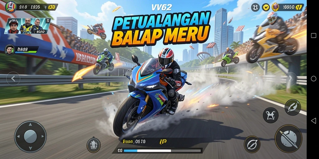 Tangkapan layar gameplay VV62 menampilkan adrenalin balapan motor yang mendebarkan.