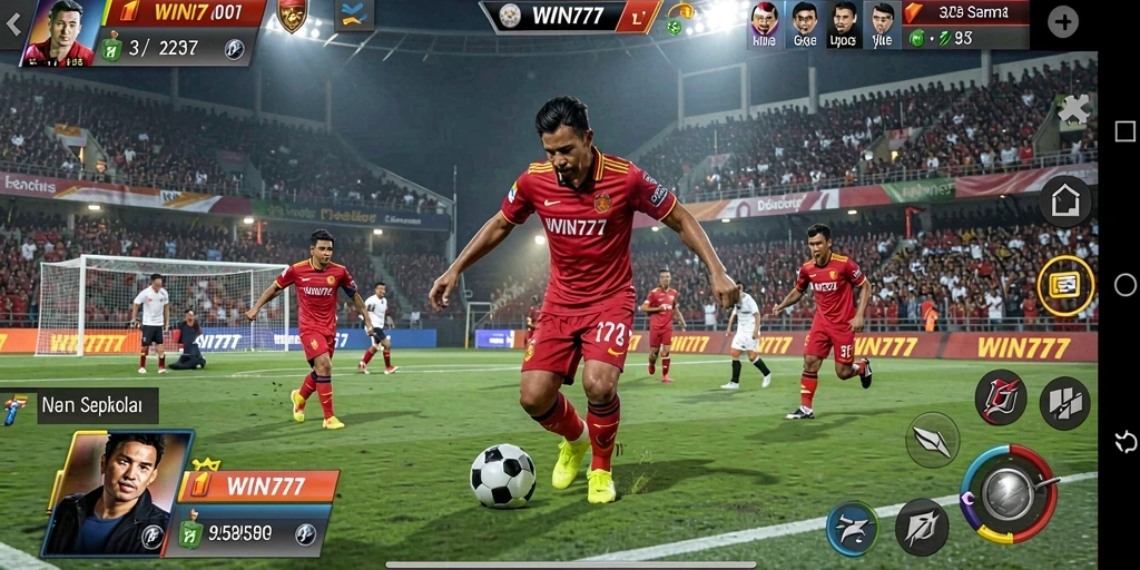 Screenshot WIN777 menampilkan aksi seru dalam pertandingan sepak bola.